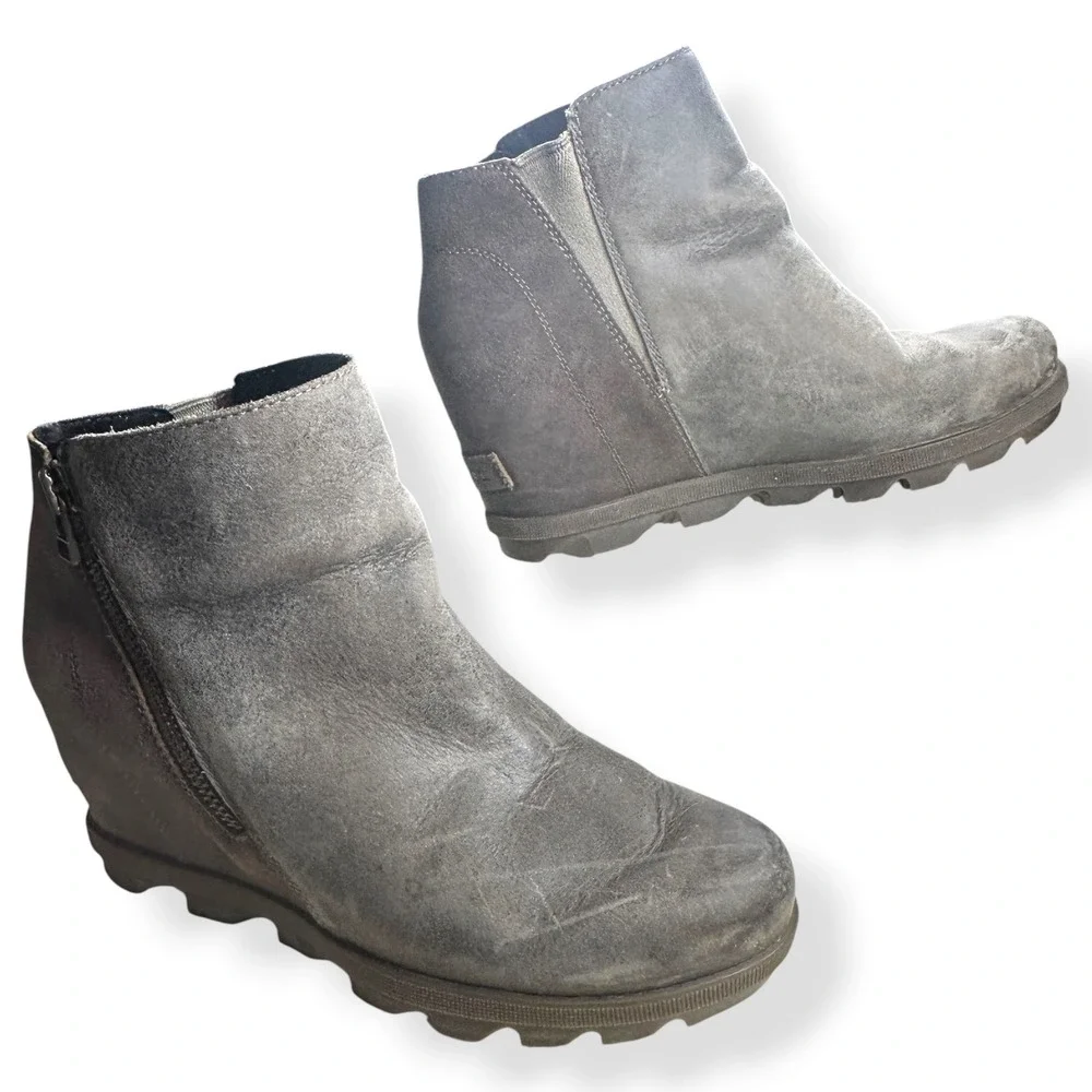 Sorel Joan of Arctic Wedge II Leather Grey Ankle Boot Gorpcore Women Size 8.5